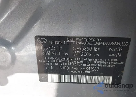 2015 Hyundai Elantra Se from USA, damaged, VIN 5NPDH4AE6FH641967